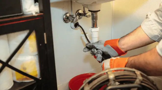Drain cleaning technician using a motorized plumbing snake to clear a clogged sink pipe in Staten Island, NY